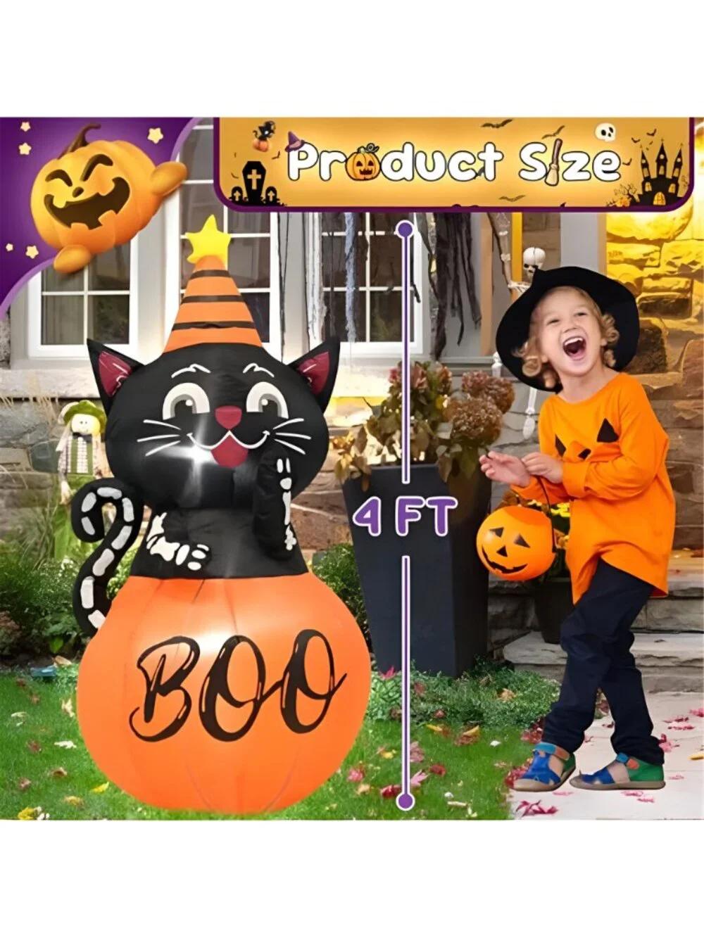 4FT Halloween Inflatable Decor Pumpkin Cat with LED Lights